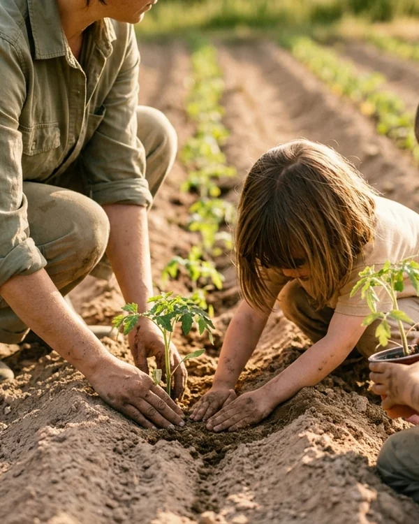 A child and adult planting seedlings in a Carvoeira garden row