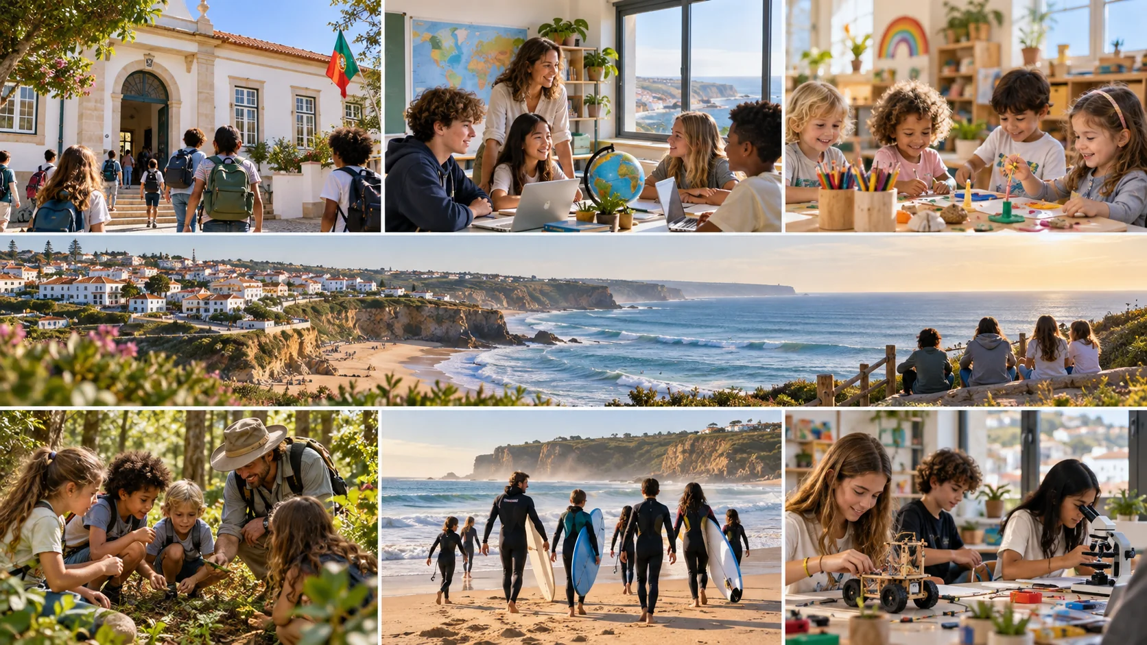 Schools near Ericeira — children arriving at school, classrooms, the coast, and outdoor learning