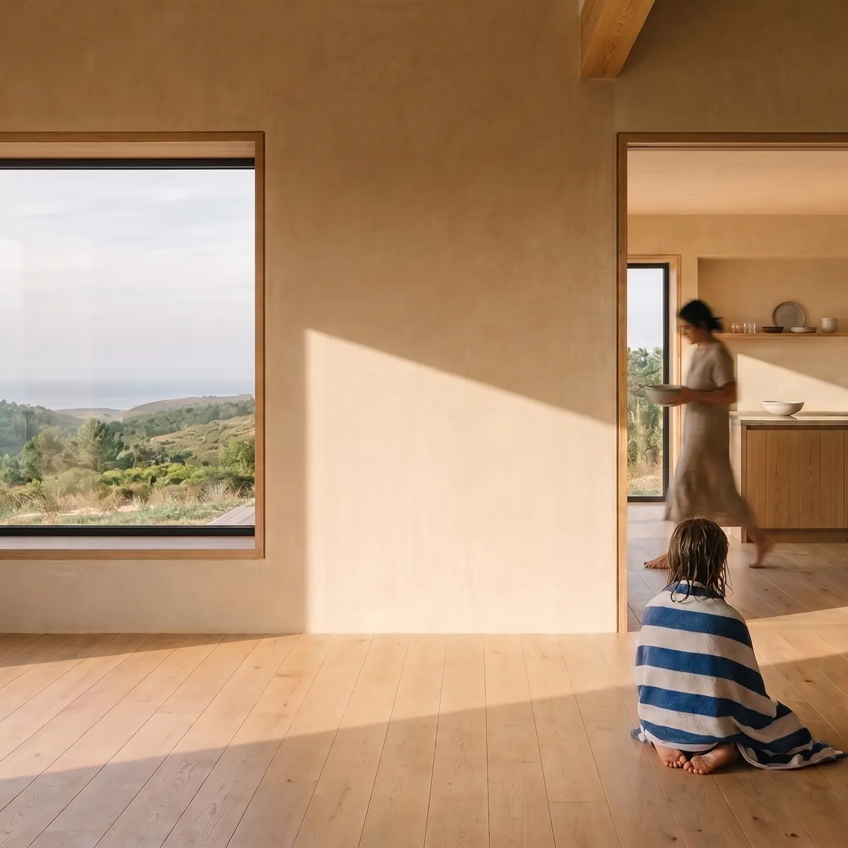 Warm interior with a large window overlooking green hills