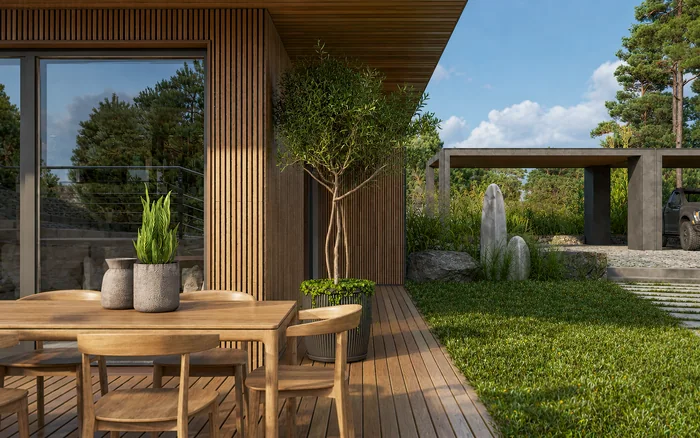 Covered timber terrace with outdoor dining, potted olive tree and garden