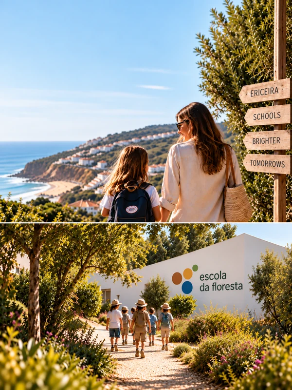 A family overlooking the Ericeira coast, and children walking to a forest school