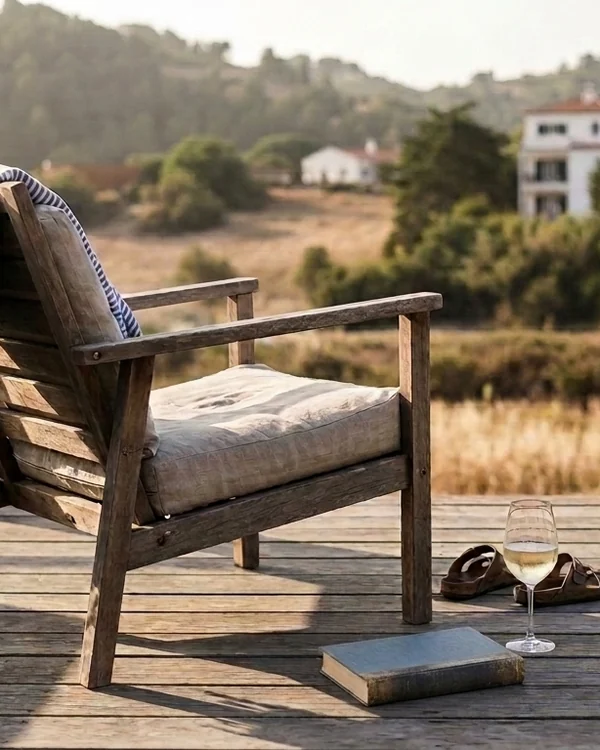 Wooden deck chair overlooking the Carvoeira valley at sunset