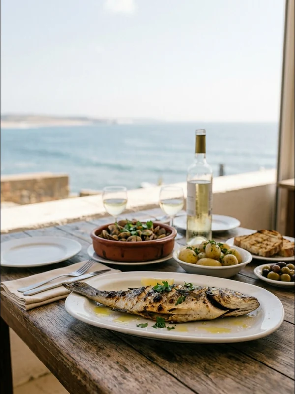 A shared meal on a table overlooking the sea