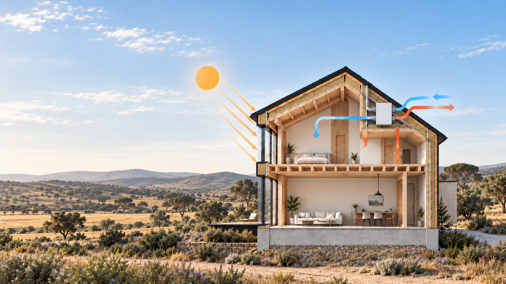 Cutaway of a timber-frame passive house showing insulation, heat recovery ventilation and winter solar gain