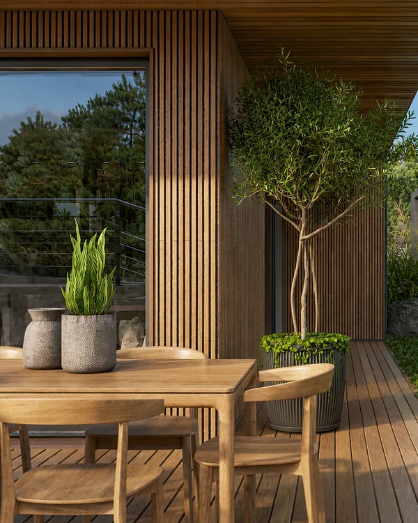 Wooden deck terrace with potted plants outside a modern timber-clad home