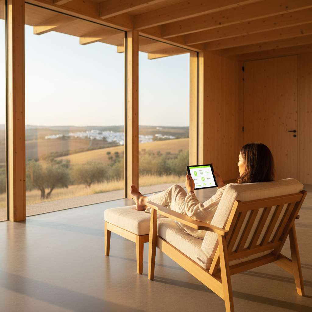 HausGrid home interior, tablet showing live dashboard, clean minimal space, warm light.